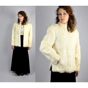 Vintage White Rabbit FUR Coat Jacket - Super Soft Real Rabbit Fur Ivory S M